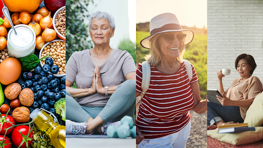 a collage of 4 ways how to boost energy for older adults including nutrition, excersice and rest