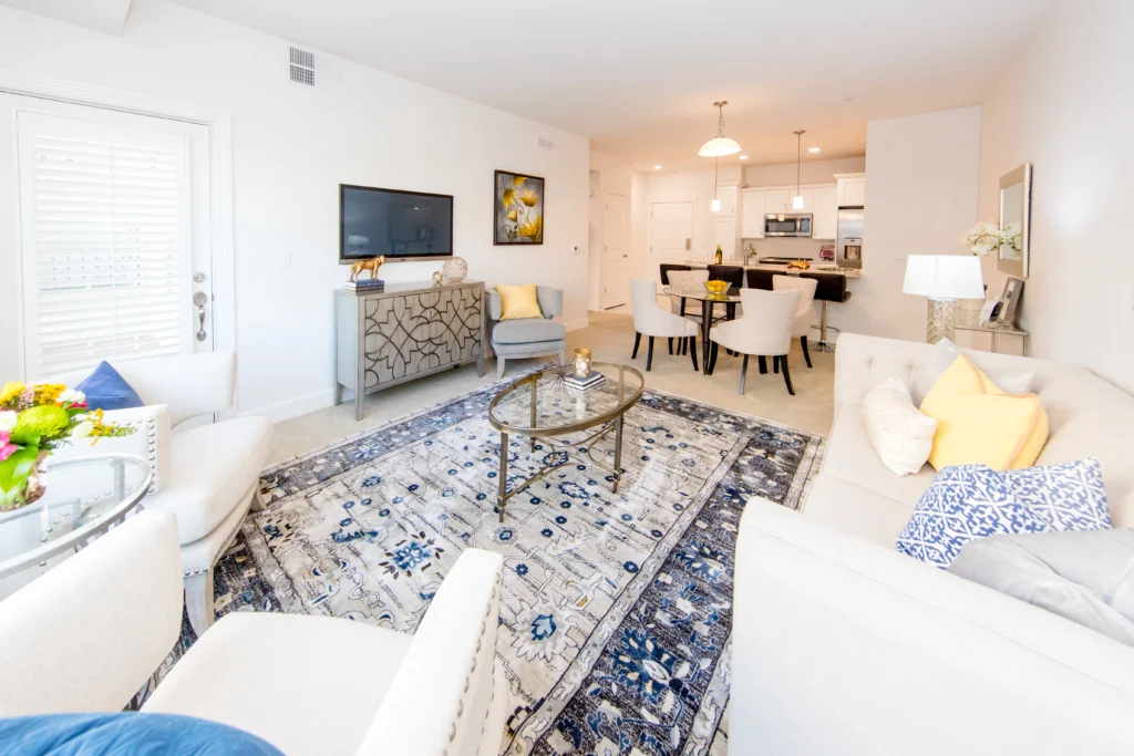 A wide view of a senior apartment at Wyndemere in Wheaton, IL, showing different independent living options for seniors.