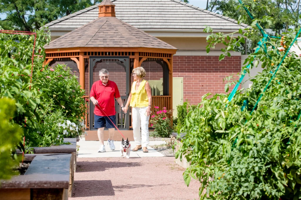 A senior couple walking their small dog as an initiative to better cholestrol and aging in their home at Wyndemere in Wheaton, IL.