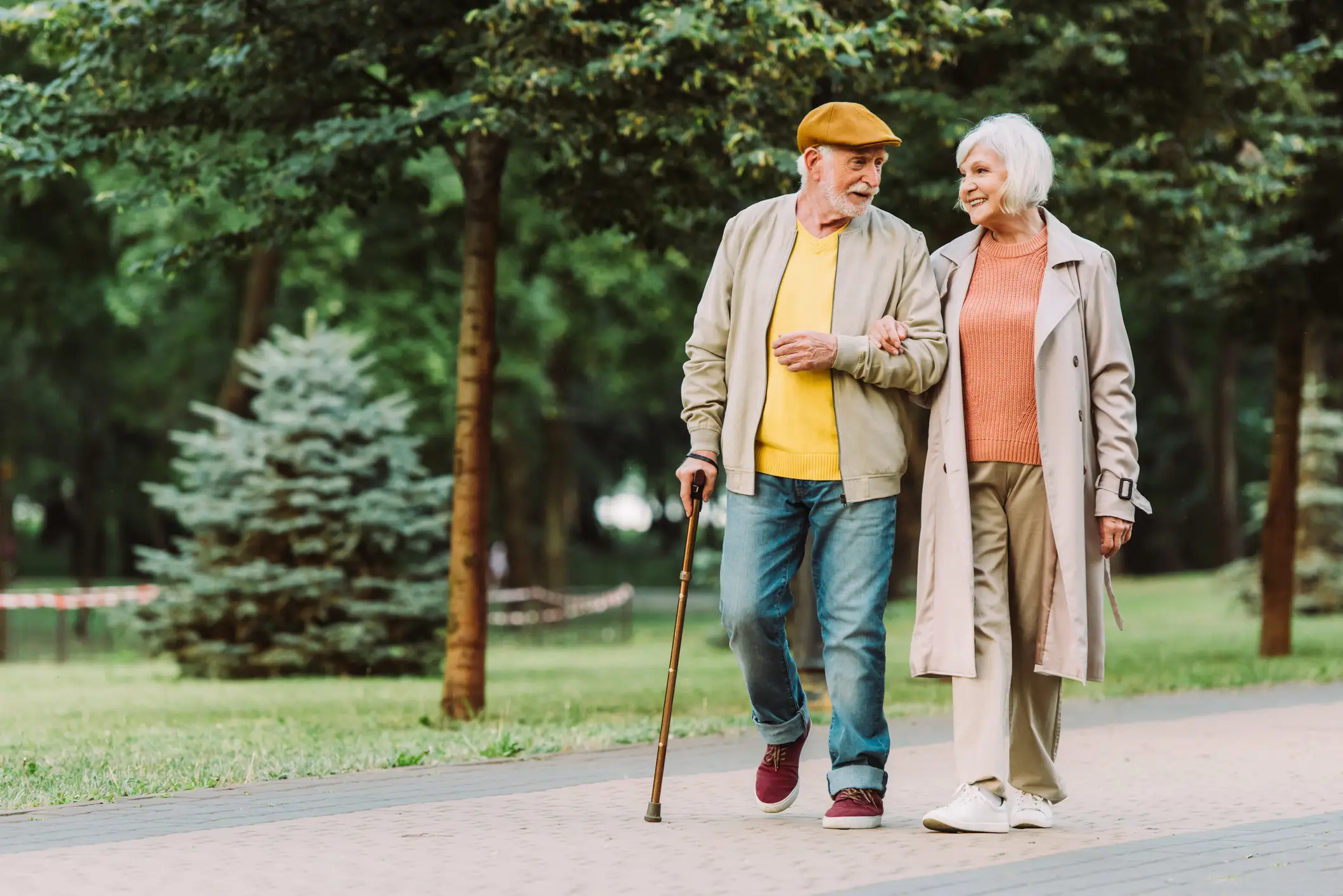 Senior couple walking outdoors